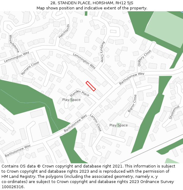 28, STANDEN PLACE, HORSHAM, RH12 5JS: Location map and indicative extent of plot