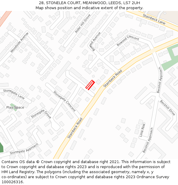 28, STONELEA COURT, MEANWOOD, LEEDS, LS7 2UH: Location map and indicative extent of plot