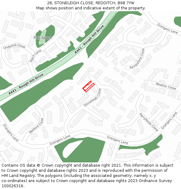 28, STONELEIGH CLOSE, REDDITCH, B98 7YW: Location map and indicative extent of plot