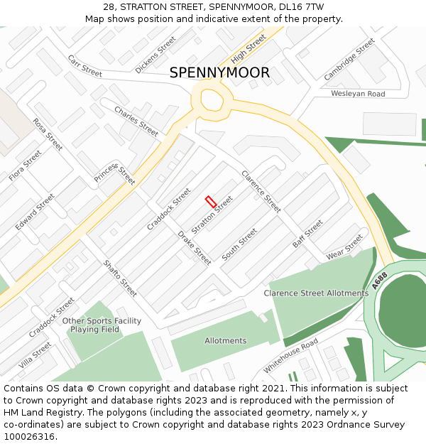 28, STRATTON STREET, SPENNYMOOR, DL16 7TW: Location map and indicative extent of plot