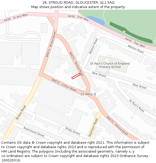 28, STROUD ROAD, GLOUCESTER, GL1 5AQ: Location map and indicative extent of plot