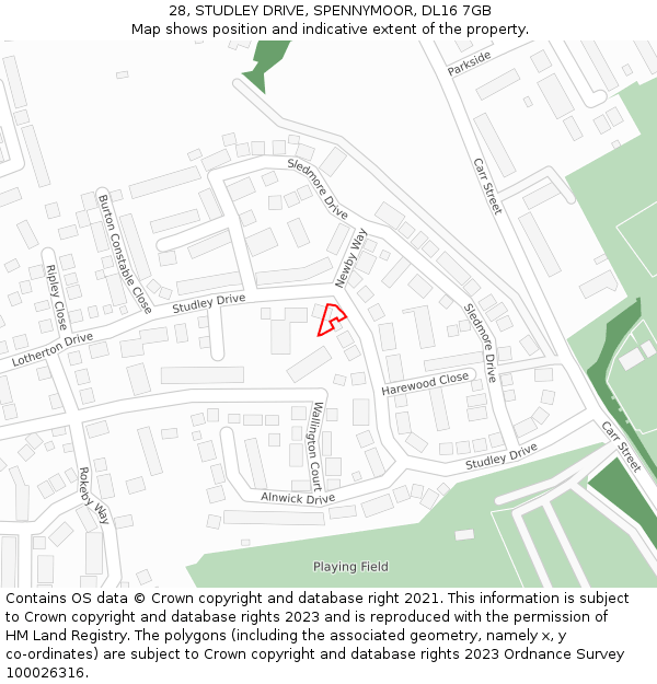 28, STUDLEY DRIVE, SPENNYMOOR, DL16 7GB: Location map and indicative extent of plot
