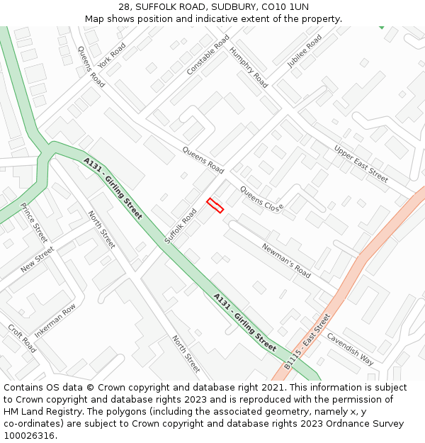 28, SUFFOLK ROAD, SUDBURY, CO10 1UN: Location map and indicative extent of plot