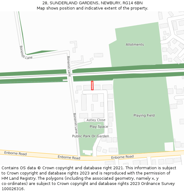 28, SUNDERLAND GARDENS, NEWBURY, RG14 6BN: Location map and indicative extent of plot