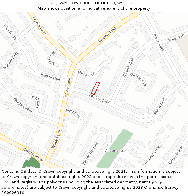 28, SWALLOW CROFT, LICHFIELD, WS13 7HF: Location map and indicative extent of plot