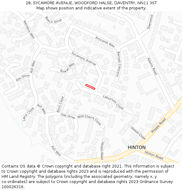 28, SYCAMORE AVENUE, WOODFORD HALSE, DAVENTRY, NN11 3ST: Location map and indicative extent of plot