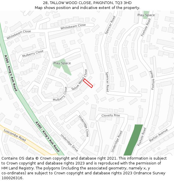 28, TALLOW WOOD CLOSE, PAIGNTON, TQ3 3HD: Location map and indicative extent of plot
