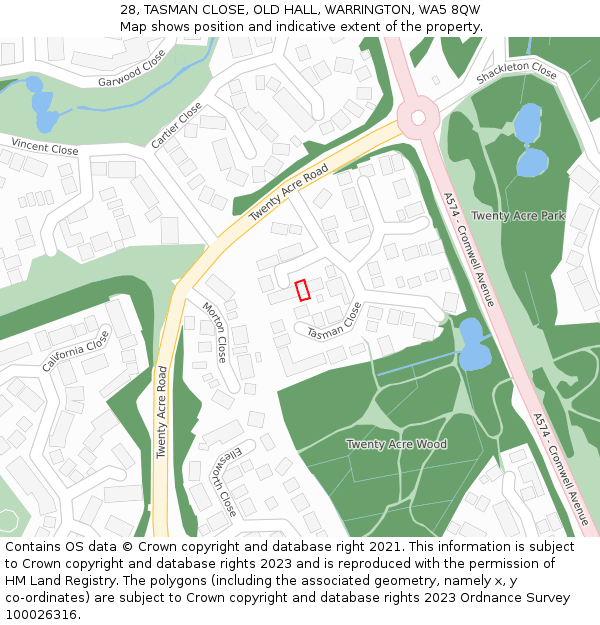 28, TASMAN CLOSE, OLD HALL, WARRINGTON, WA5 8QW: Location map and indicative extent of plot