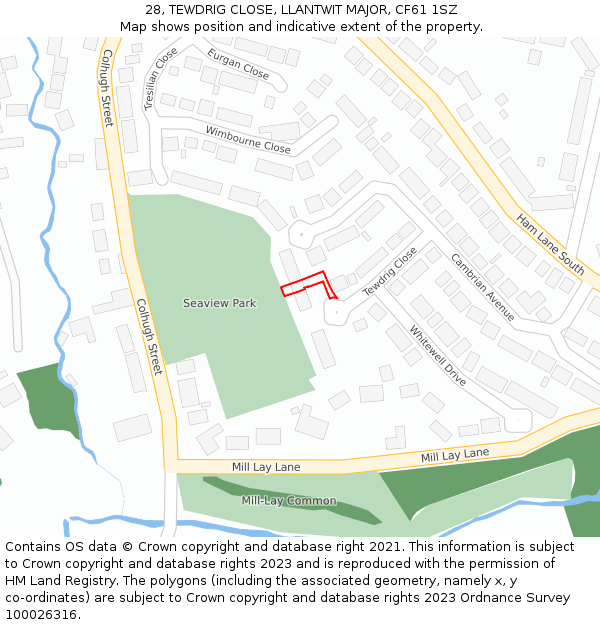 28, TEWDRIG CLOSE, LLANTWIT MAJOR, CF61 1SZ: Location map and indicative extent of plot