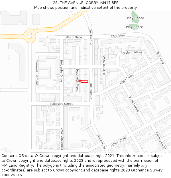 28, THE AVENUE, CORBY, NN17 5EE: Location map and indicative extent of plot