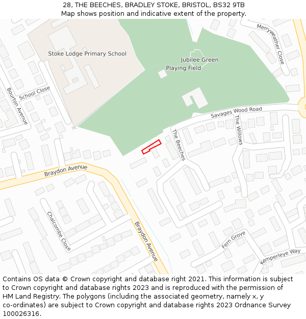 28, THE BEECHES, BRADLEY STOKE, BRISTOL, BS32 9TB: Location map and indicative extent of plot