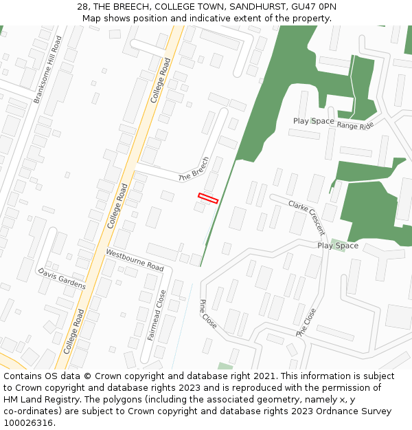 28, THE BREECH, COLLEGE TOWN, SANDHURST, GU47 0PN: Location map and indicative extent of plot