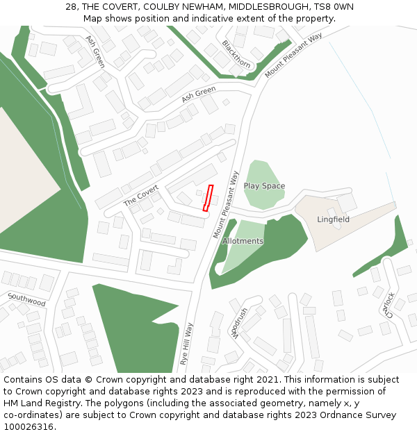 28, THE COVERT, COULBY NEWHAM, MIDDLESBROUGH, TS8 0WN: Location map and indicative extent of plot