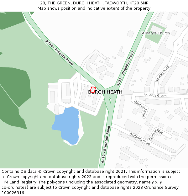 28, THE GREEN, BURGH HEATH, TADWORTH, KT20 5NP: Location map and indicative extent of plot