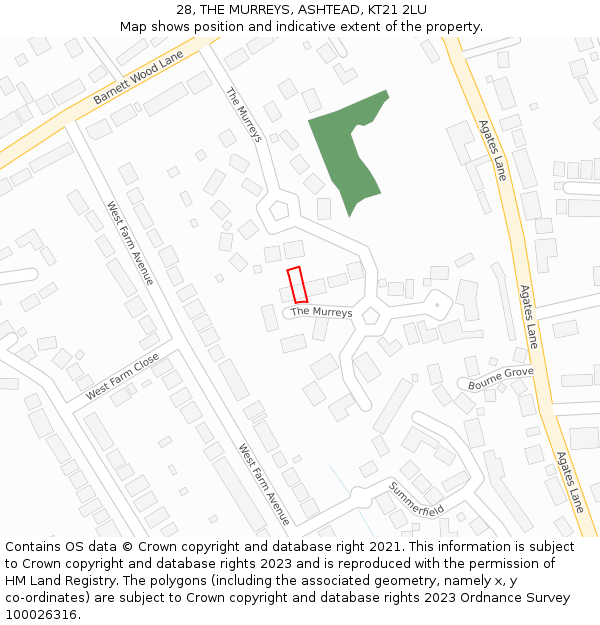 28, THE MURREYS, ASHTEAD, KT21 2LU: Location map and indicative extent of plot