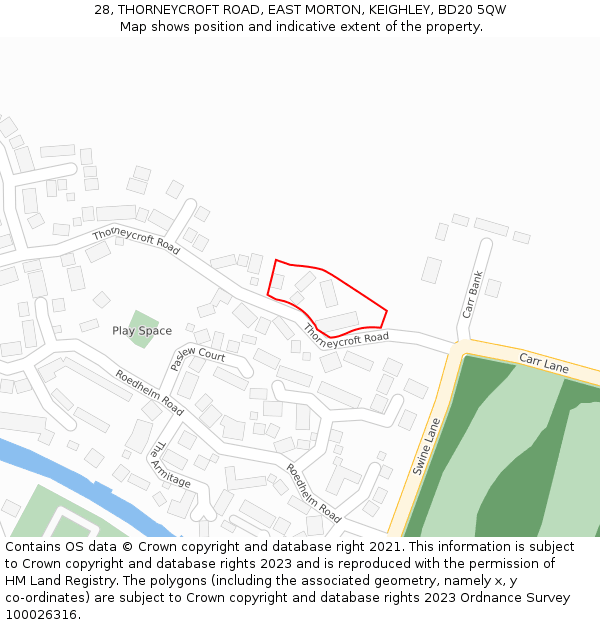 28, THORNEYCROFT ROAD, EAST MORTON, KEIGHLEY, BD20 5QW: Location map and indicative extent of plot