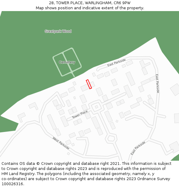 28, TOWER PLACE, WARLINGHAM, CR6 9PW: Location map and indicative extent of plot