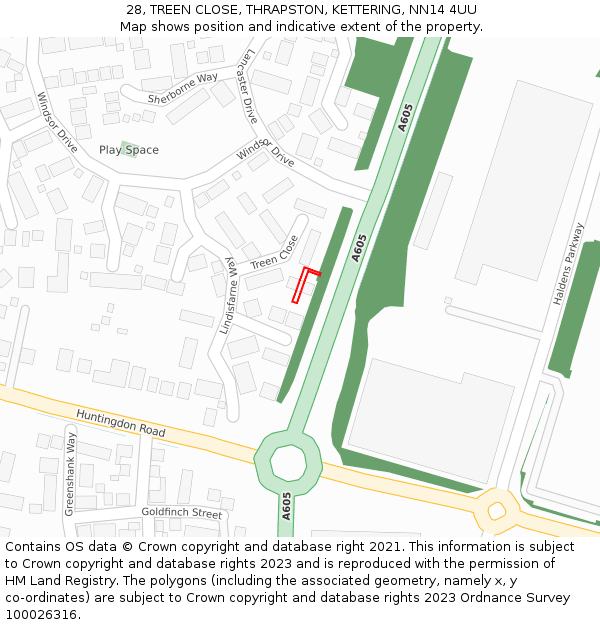 28, TREEN CLOSE, THRAPSTON, KETTERING, NN14 4UU: Location map and indicative extent of plot