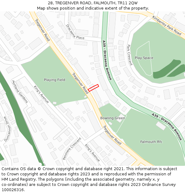 28, TREGENVER ROAD, FALMOUTH, TR11 2QW: Location map and indicative extent of plot