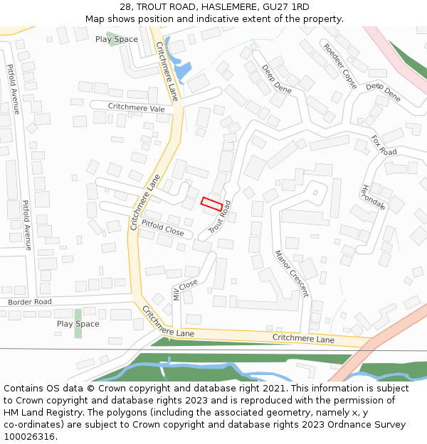 28, TROUT ROAD, HASLEMERE, GU27 1RD: Location map and indicative extent of plot