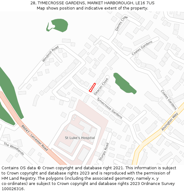 28, TYMECROSSE GARDENS, MARKET HARBOROUGH, LE16 7US: Location map and indicative extent of plot