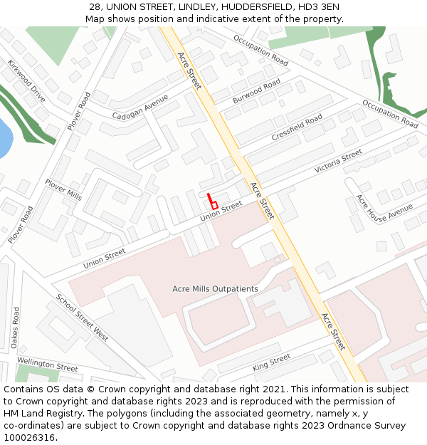 28, UNION STREET, LINDLEY, HUDDERSFIELD, HD3 3EN: Location map and indicative extent of plot