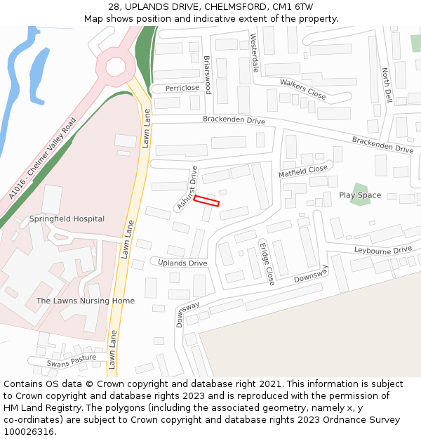 28, UPLANDS DRIVE, CHELMSFORD, CM1 6TW: Location map and indicative extent of plot