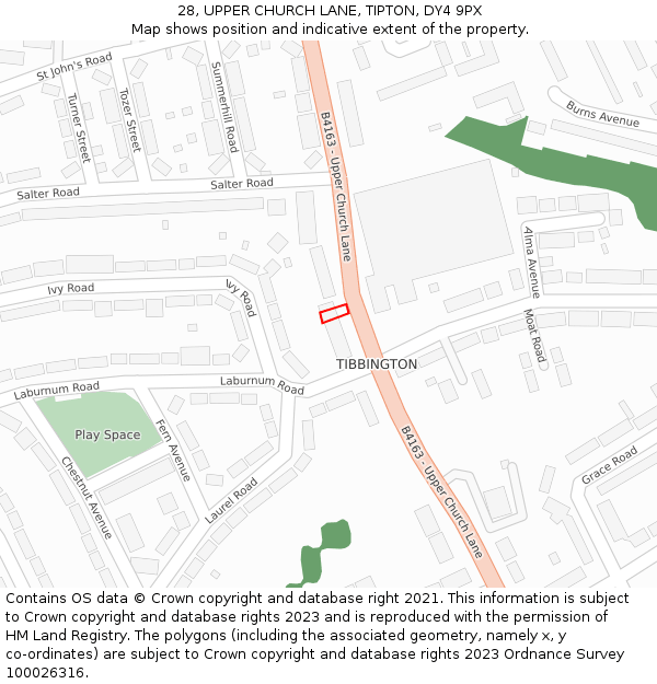 28, UPPER CHURCH LANE, TIPTON, DY4 9PX: Location map and indicative extent of plot