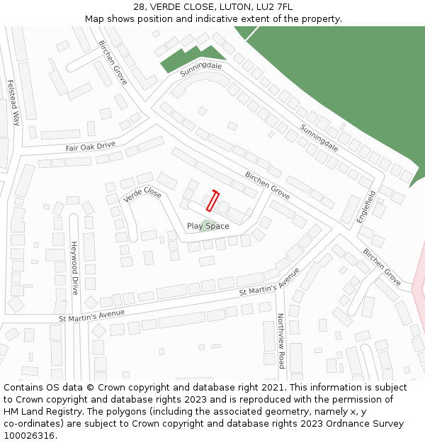 28, VERDE CLOSE, LUTON, LU2 7FL: Location map and indicative extent of plot