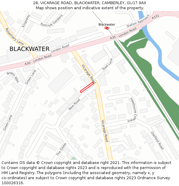 28, VICARAGE ROAD, BLACKWATER, CAMBERLEY, GU17 9AX: Location map and indicative extent of plot