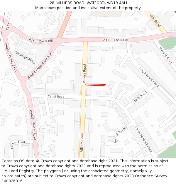 28, VILLIERS ROAD, WATFORD, WD19 4AH: Location map and indicative extent of plot