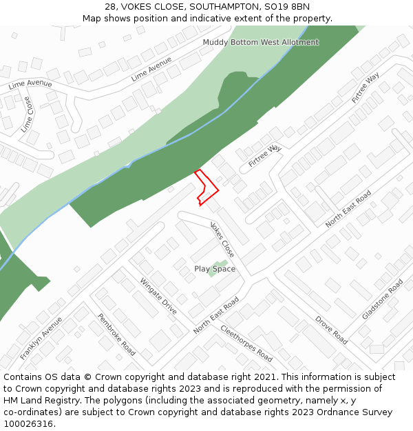 28, VOKES CLOSE, SOUTHAMPTON, SO19 8BN: Location map and indicative extent of plot