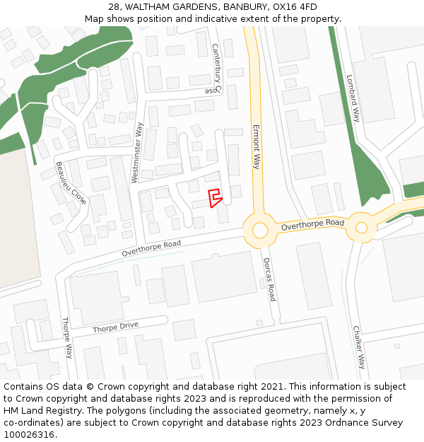 28, WALTHAM GARDENS, BANBURY, OX16 4FD: Location map and indicative extent of plot