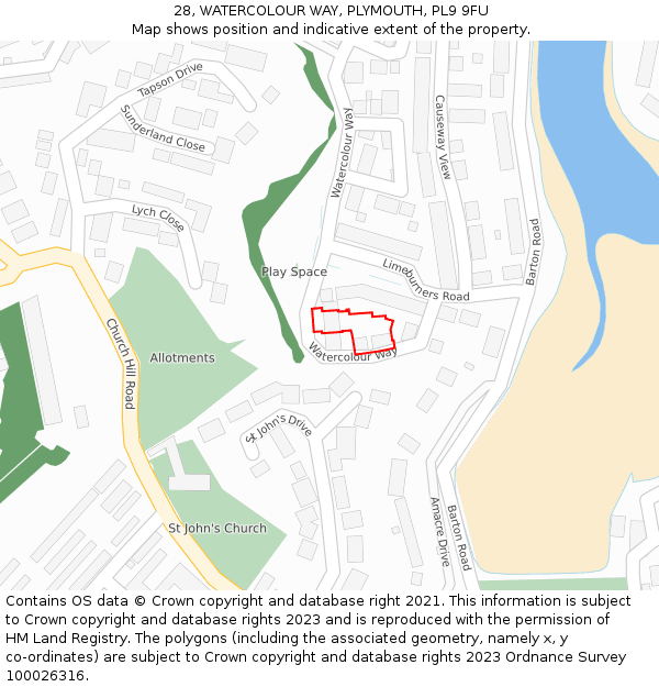 28, WATERCOLOUR WAY, PLYMOUTH, PL9 9FU: Location map and indicative extent of plot