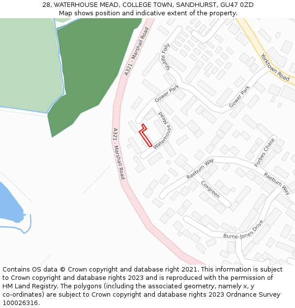 28, WATERHOUSE MEAD, COLLEGE TOWN, SANDHURST, GU47 0ZD: Location map and indicative extent of plot