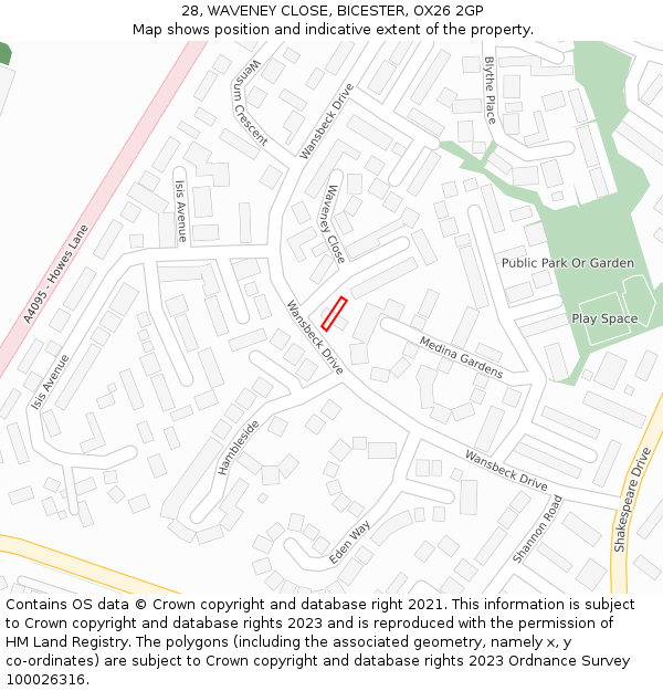 28, WAVENEY CLOSE, BICESTER, OX26 2GP: Location map and indicative extent of plot