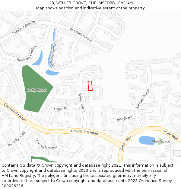 28, WELLER GROVE, CHELMSFORD, CM1 4YJ: Location map and indicative extent of plot