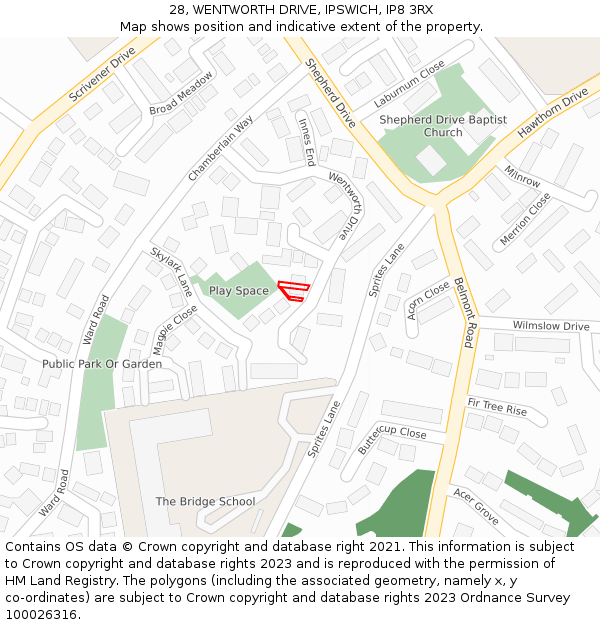 28, WENTWORTH DRIVE, IPSWICH, IP8 3RX: Location map and indicative extent of plot