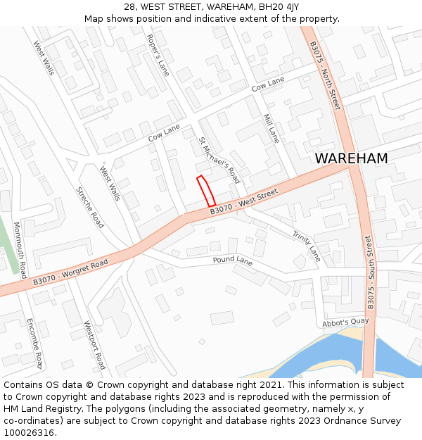 28, WEST STREET, WAREHAM, BH20 4JY: Location map and indicative extent of plot