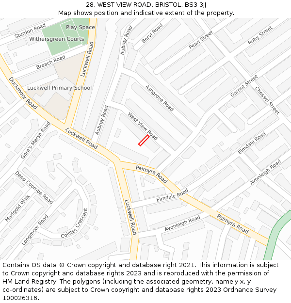 28, WEST VIEW ROAD, BRISTOL, BS3 3JJ: Location map and indicative extent of plot