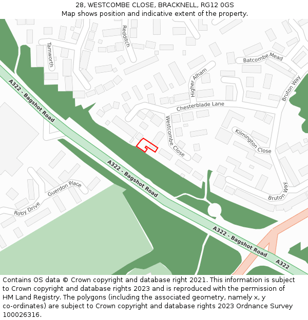 28, WESTCOMBE CLOSE, BRACKNELL, RG12 0GS: Location map and indicative extent of plot