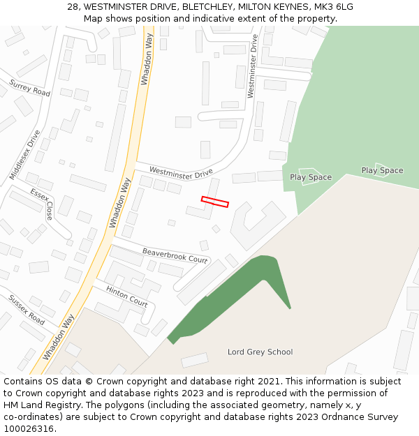 28, WESTMINSTER DRIVE, BLETCHLEY, MILTON KEYNES, MK3 6LG: Location map and indicative extent of plot