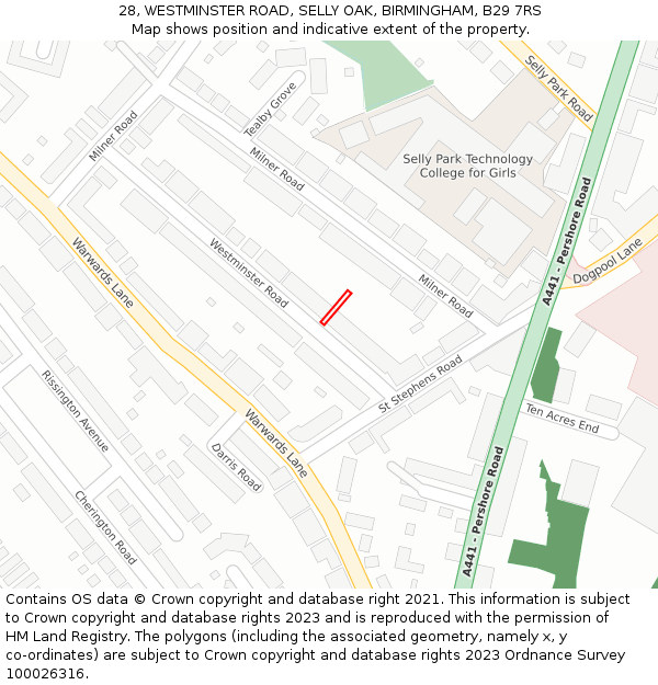 28, WESTMINSTER ROAD, SELLY OAK, BIRMINGHAM, B29 7RS: Location map and indicative extent of plot