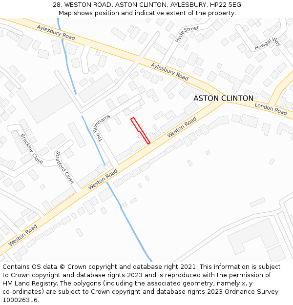 28, WESTON ROAD, ASTON CLINTON, AYLESBURY, HP22 5EG: Location map and indicative extent of plot