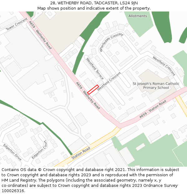 28, WETHERBY ROAD, TADCASTER, LS24 9JN: Location map and indicative extent of plot