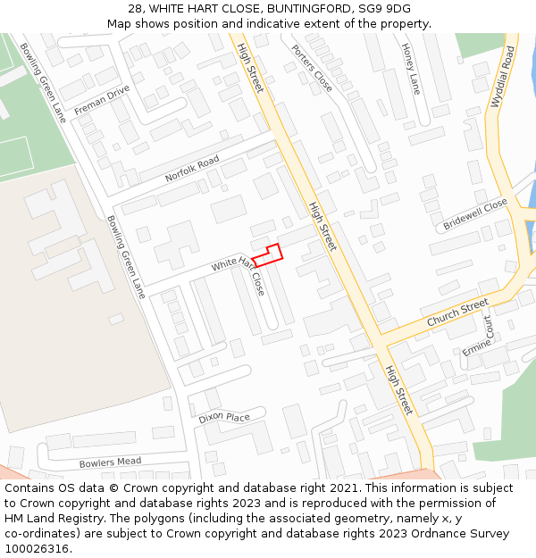 28, WHITE HART CLOSE, BUNTINGFORD, SG9 9DG: Location map and indicative extent of plot