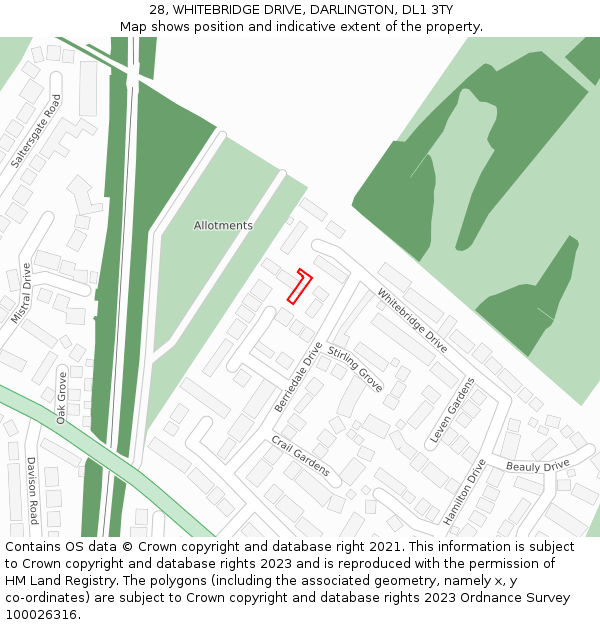 28, WHITEBRIDGE DRIVE, DARLINGTON, DL1 3TY: Location map and indicative extent of plot