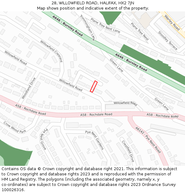 28, WILLOWFIELD ROAD, HALIFAX, HX2 7JN: Location map and indicative extent of plot