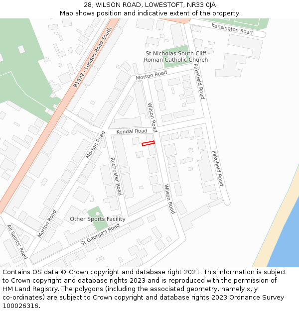 28, WILSON ROAD, LOWESTOFT, NR33 0JA: Location map and indicative extent of plot