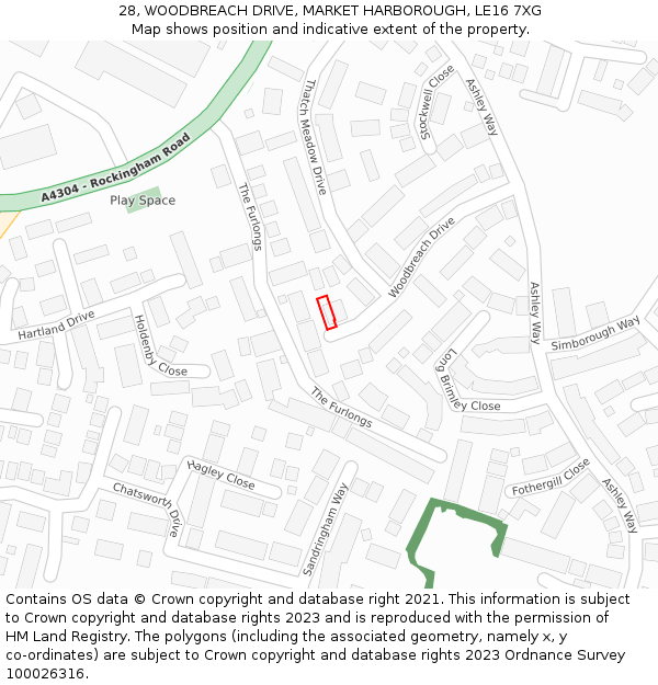 28, WOODBREACH DRIVE, MARKET HARBOROUGH, LE16 7XG: Location map and indicative extent of plot